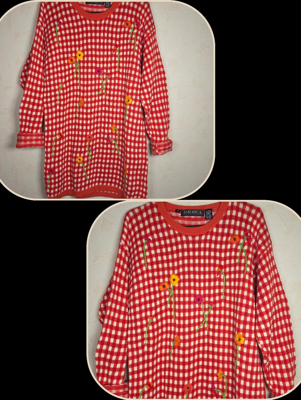 Vtg Embroidered Flower Oversized Sweater Gingham Cottagecore Cozecore Medium